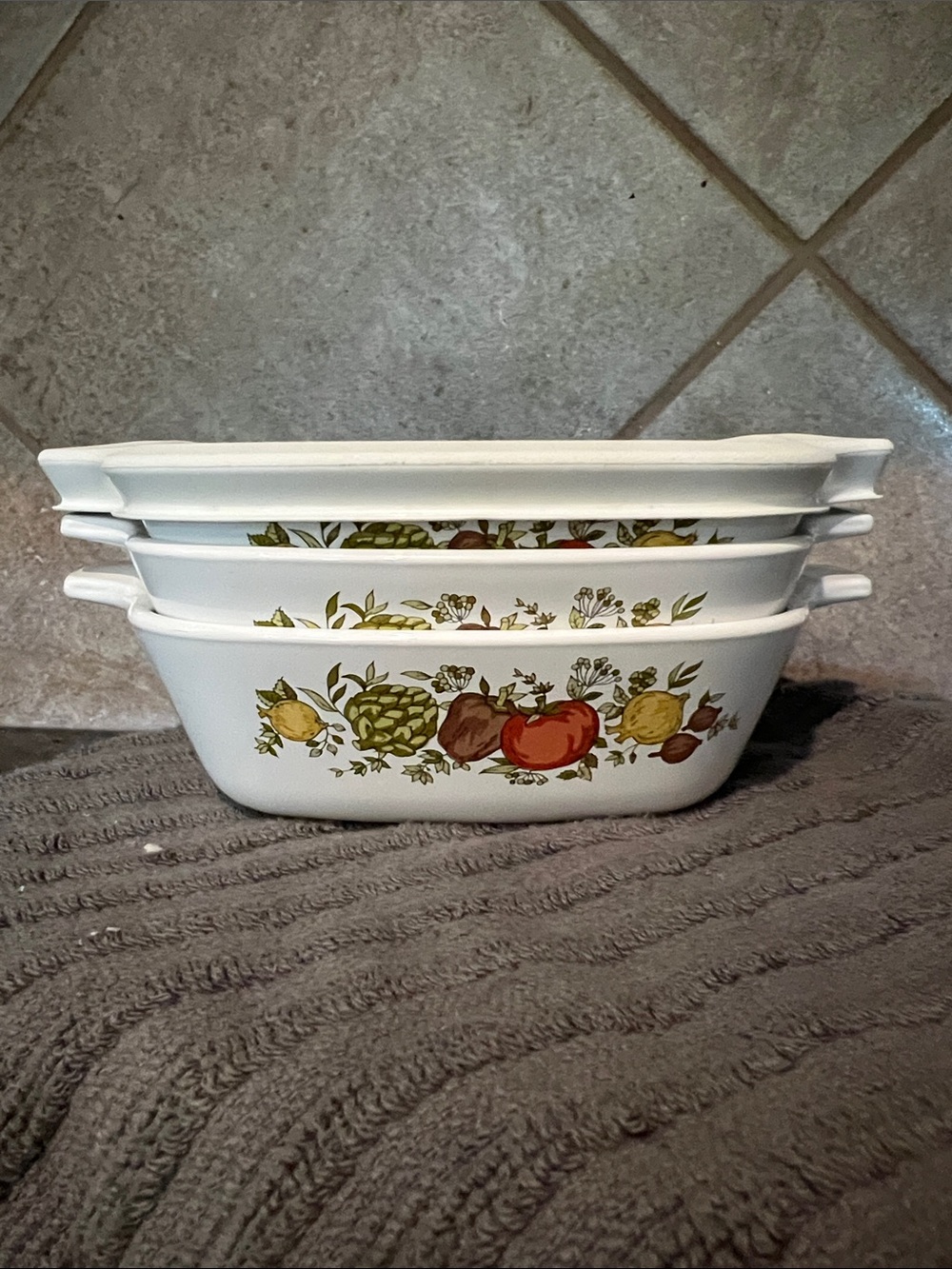 3 Corningware White “Spice of life” petite square Casserole Set.
